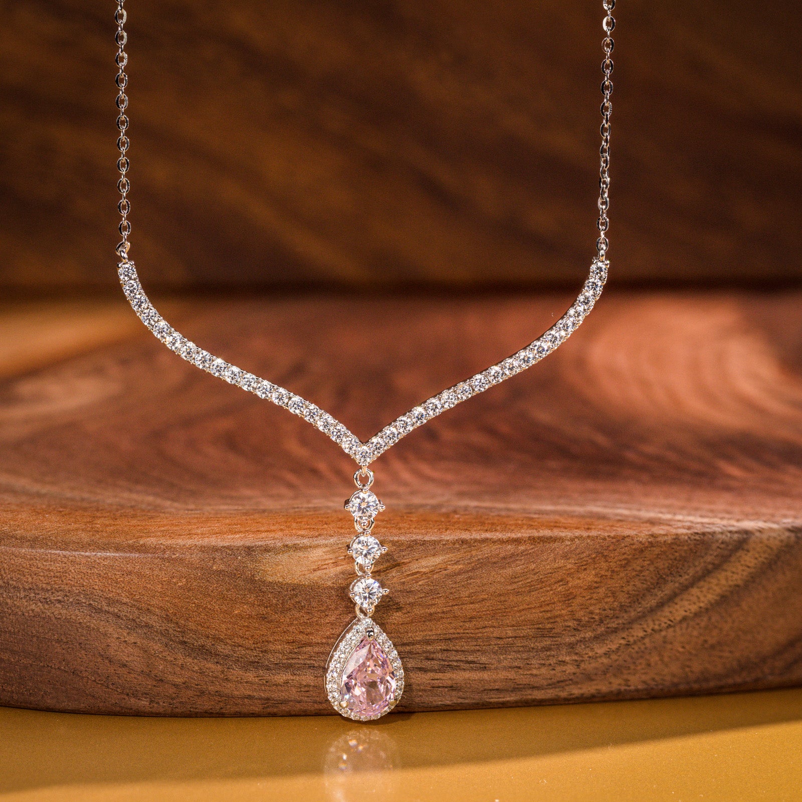 Pear Crushed Ice Cut Fancy Pink Cubic Zirconia Necklaces