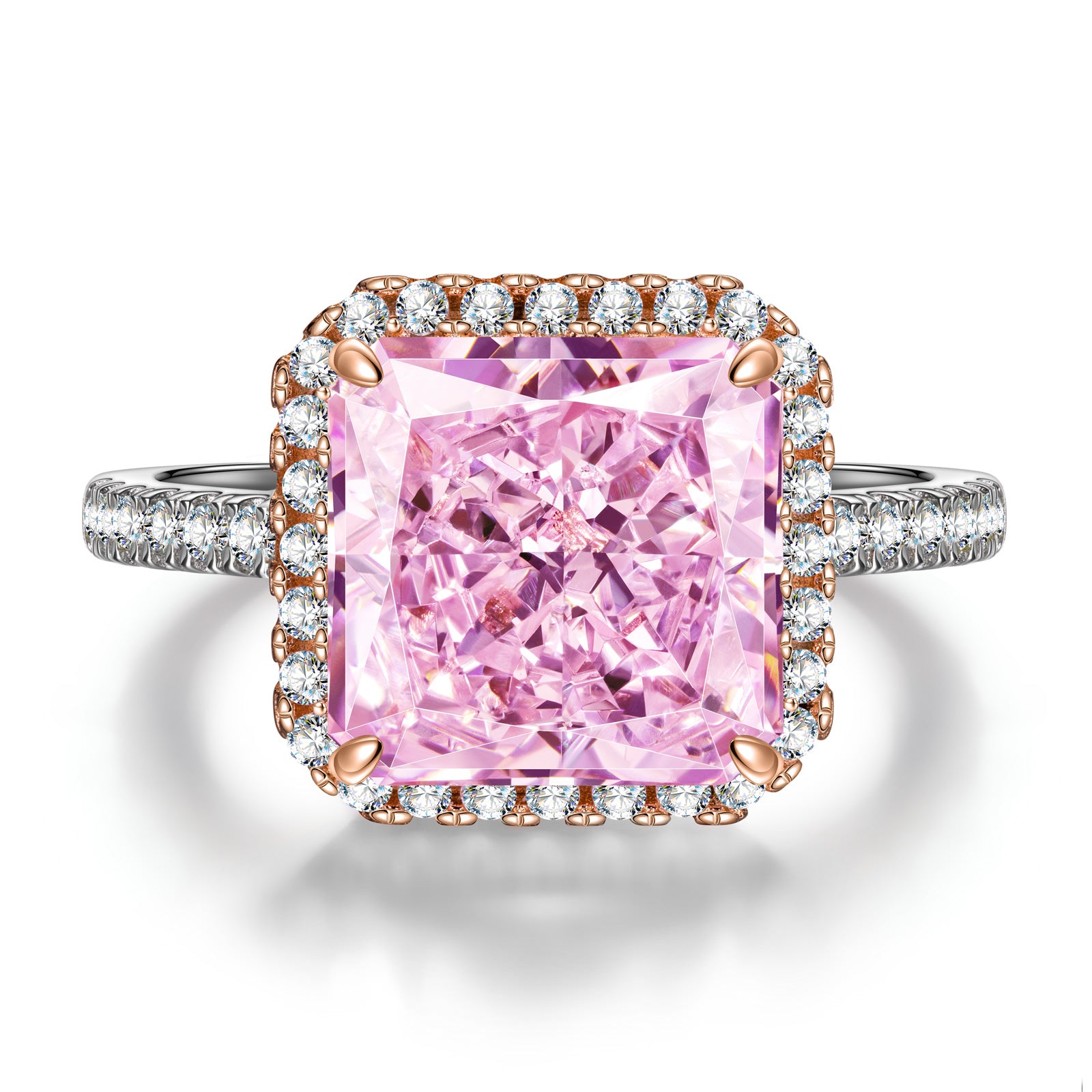 Radiant Crushed Ice Cut Fancy Pink Cubic Zirconia Rings